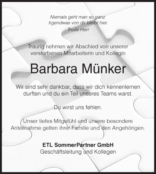 Traueranzeige von Barbara Münker von Siegener Zeitung