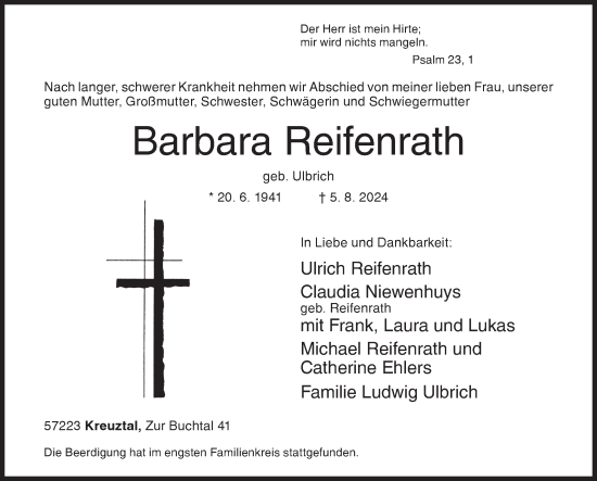 Traueranzeige von Barbara Reifenrath von Siegener Zeitung