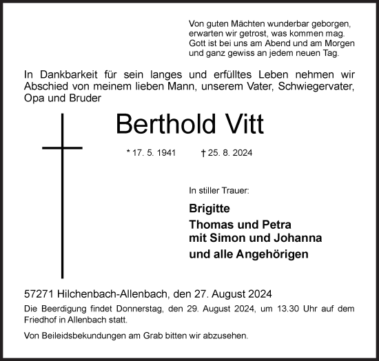 Traueranzeige von Berthold Vitt von Siegener Zeitung