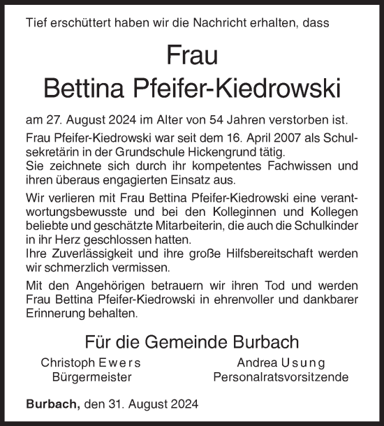 Traueranzeige von Bettina Pfeifer-Kiedrowski von Siegener Zeitung