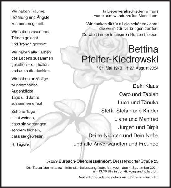Traueranzeige von Bettina Pfeifer-Kiedrowski von Siegener Zeitung