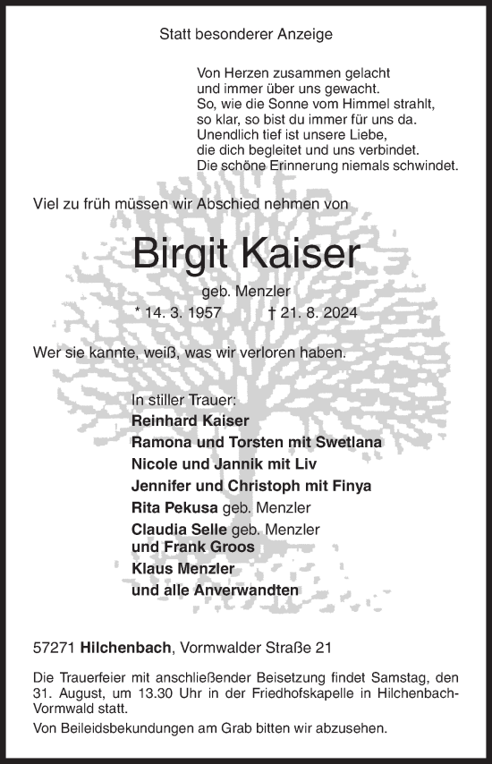 Traueranzeige von Birgit Kaiser von Siegener Zeitung