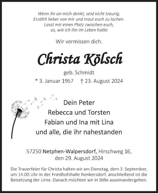 Traueranzeige von Christa Kölsch von Siegener Zeitung
