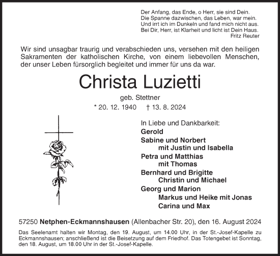 Traueranzeige von Christa Luzietti von Siegener Zeitung