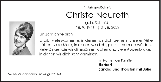 Traueranzeige von Christa Nauroth von Siegener Zeitung