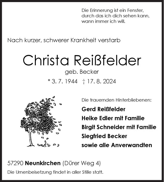 Traueranzeige von Christa Reißfelder von Siegener Zeitung