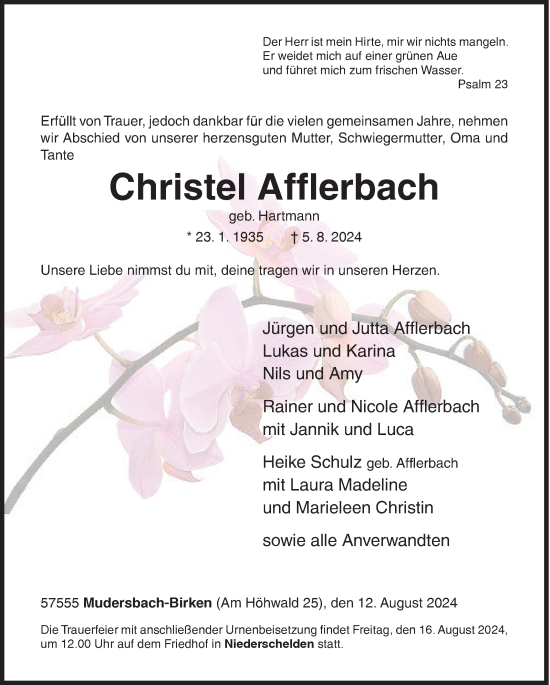 Traueranzeige von Christel Afflerbach von Siegener Zeitung