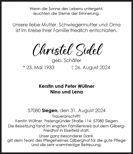 Traueranzeige von Christel Sidel von Siegener Zeitung