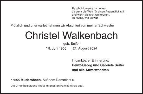 Traueranzeige von Christel Walkenbach von Siegener Zeitung