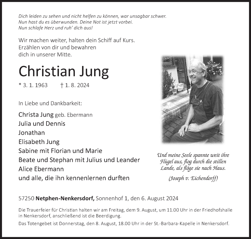  Traueranzeige für Christian Jung vom 06.08.2024 aus Siegener Zeitung