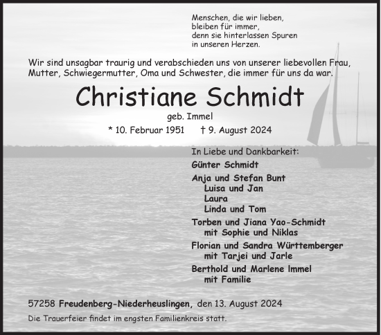 Traueranzeige von Christiane Schmidt von Siegener Zeitung