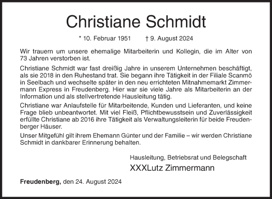 Traueranzeige von Christiane Schmidt von Siegener Zeitung