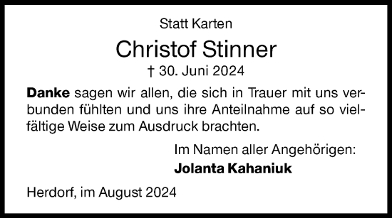 Traueranzeige von Christof Stinner von Siegener Zeitung