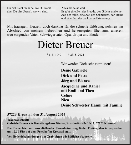 Traueranzeige von Dieter Breuer von Siegener Zeitung