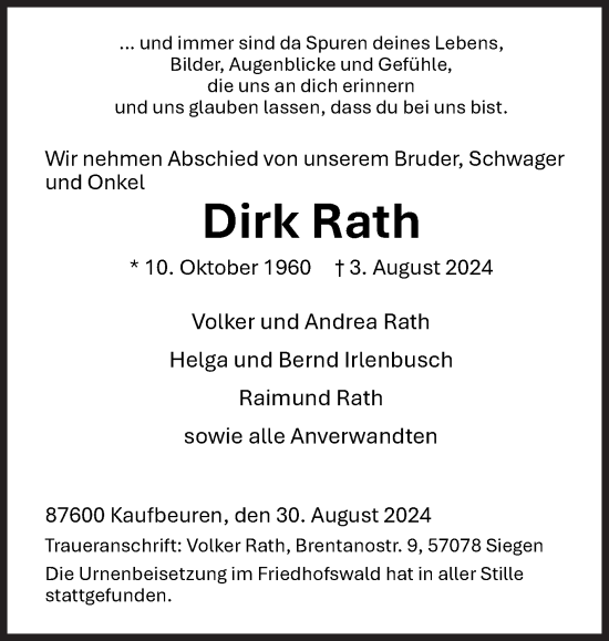 Traueranzeige von Dirk Rath von Siegener Zeitung