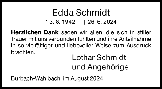 Traueranzeige von Edda Schmidt von Siegener Zeitung