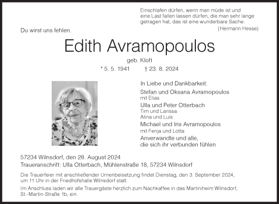 Traueranzeige von Edith Avramopoulos von Siegener Zeitung