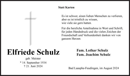 Traueranzeige von Elfriede Schulz von Siegener Zeitung