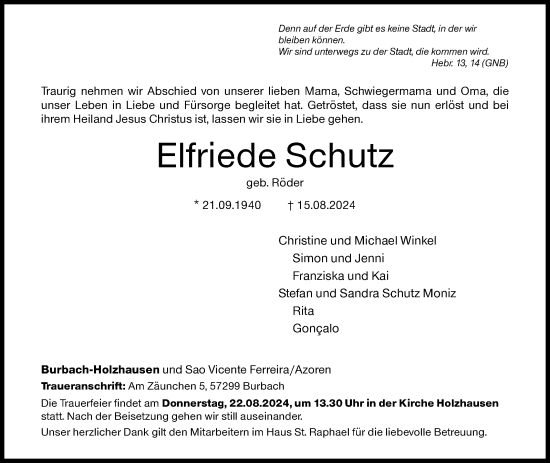 Traueranzeige von Elfriede Schutz von Siegener Zeitung