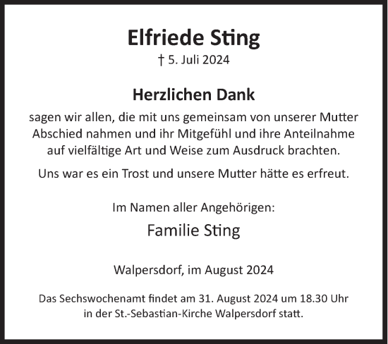 Traueranzeige von Elfriede Sting von Siegener Zeitung