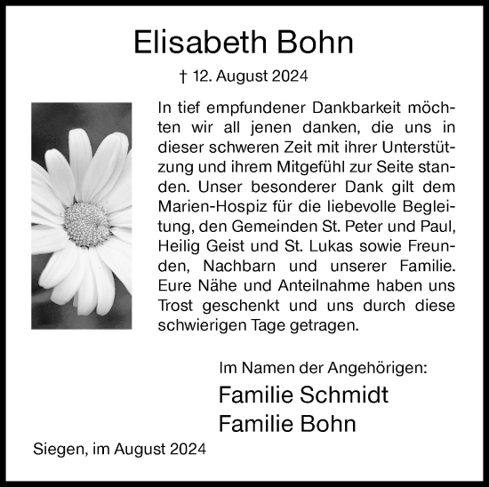 Traueranzeige von Elisabeth Bohn von Siegener Zeitung