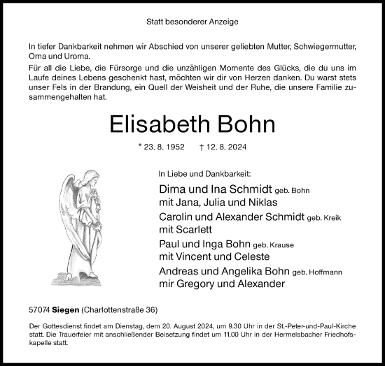 Traueranzeige von Elisabeth Bohn von Siegener Zeitung