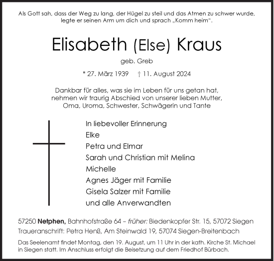 Traueranzeige von Elisabeth Kraus von Siegener Zeitung