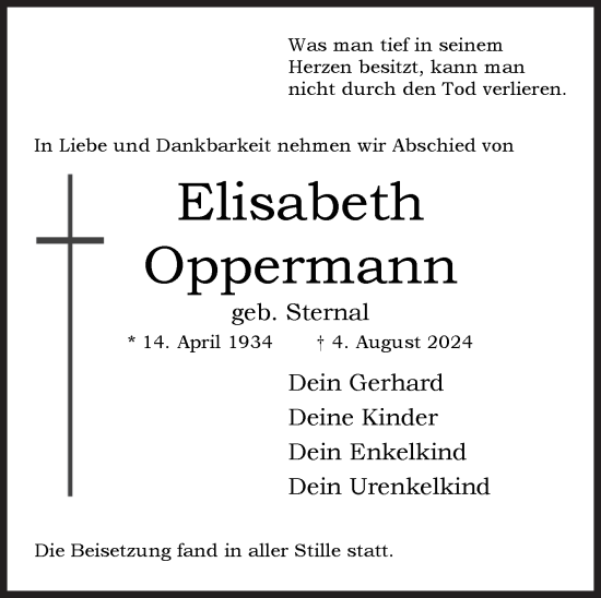 Traueranzeige von Elisabeth Oppermann von Siegener Zeitung