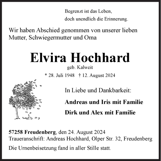 Traueranzeige von Elvira Hochhard von Siegener Zeitung