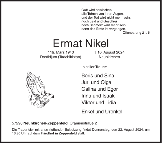 Traueranzeige von Ermat Nikel von Siegener Zeitung