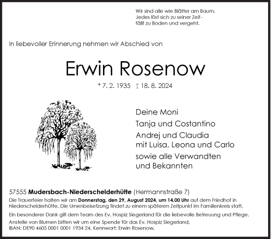 Traueranzeige von Erwin Rosenow von Siegener Zeitung