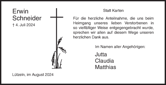 Traueranzeige von Erwin Schneider von Siegener Zeitung