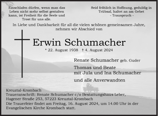 Traueranzeige von Erwin Schumacher von Siegener Zeitung
