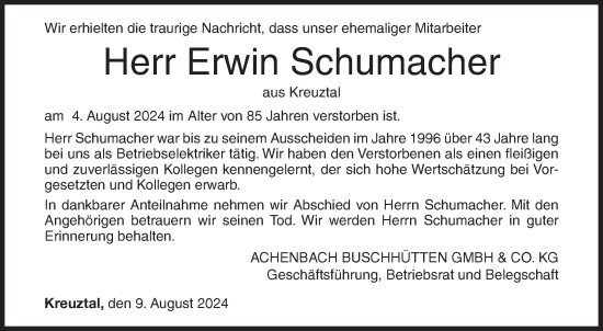 Traueranzeige von Erwin Schumacher von Siegener Zeitung