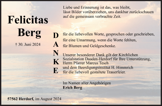 Traueranzeige von Felicitas Berg von Siegener Zeitung