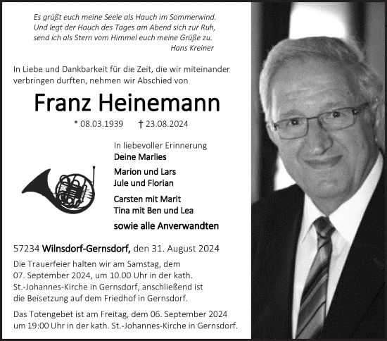 Traueranzeige von Franz Heinemann von Siegener Zeitung