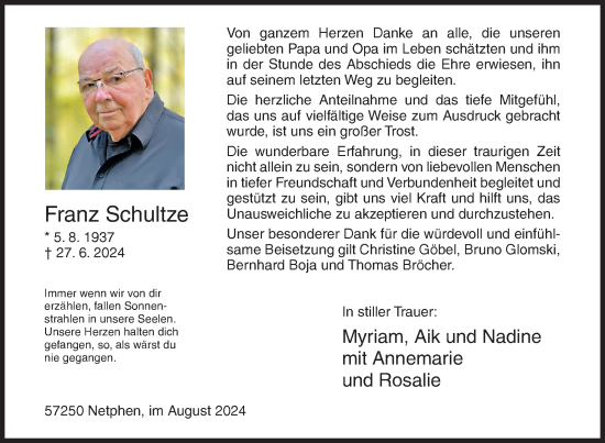 Traueranzeige von Franz Schultze von Siegener Zeitung