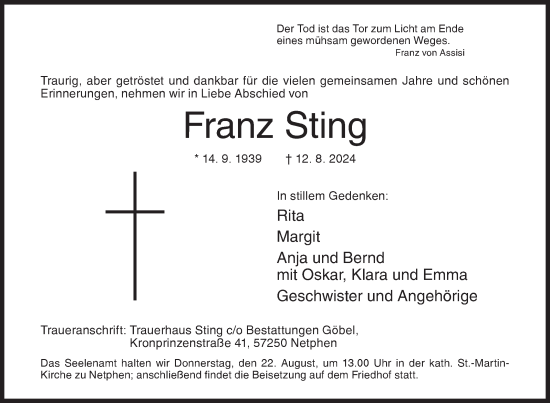 Traueranzeige von Franz Sting von Siegener Zeitung