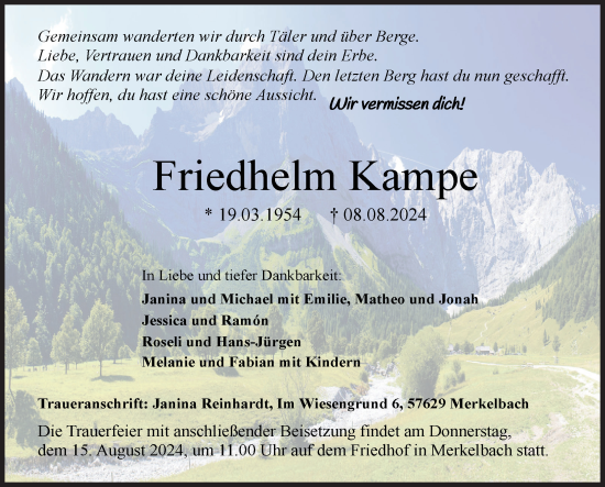 Traueranzeige von Friedhelm Kampe von Siegener Zeitung
