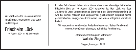 Traueranzeige von Friedhelm Lück von Siegener Zeitung
