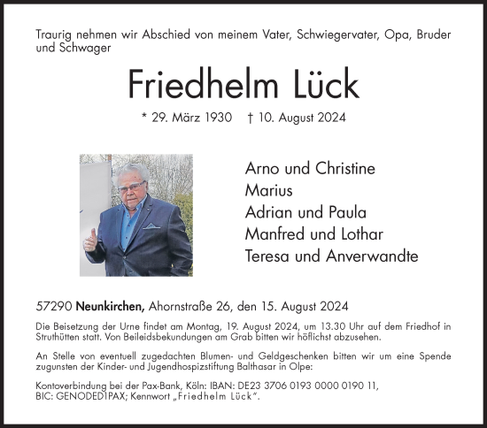 Traueranzeige von Friedhelm Lück von Siegener Zeitung
