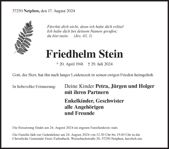 Traueranzeige von Friedhelm Stein von Siegener Zeitung