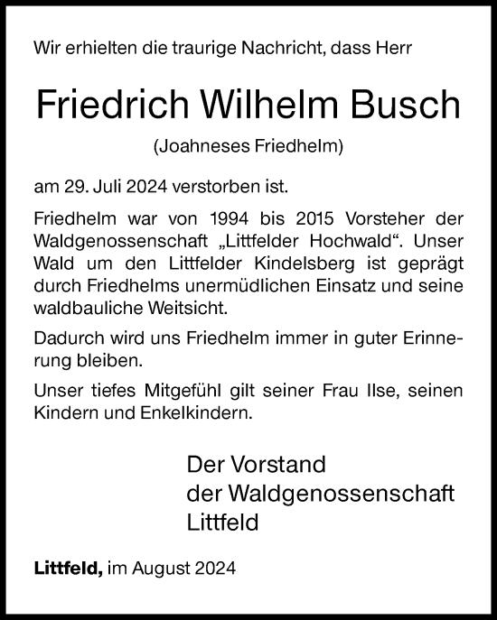 Traueranzeige von Friedrich Wilhelm Busch von Siegener Zeitung