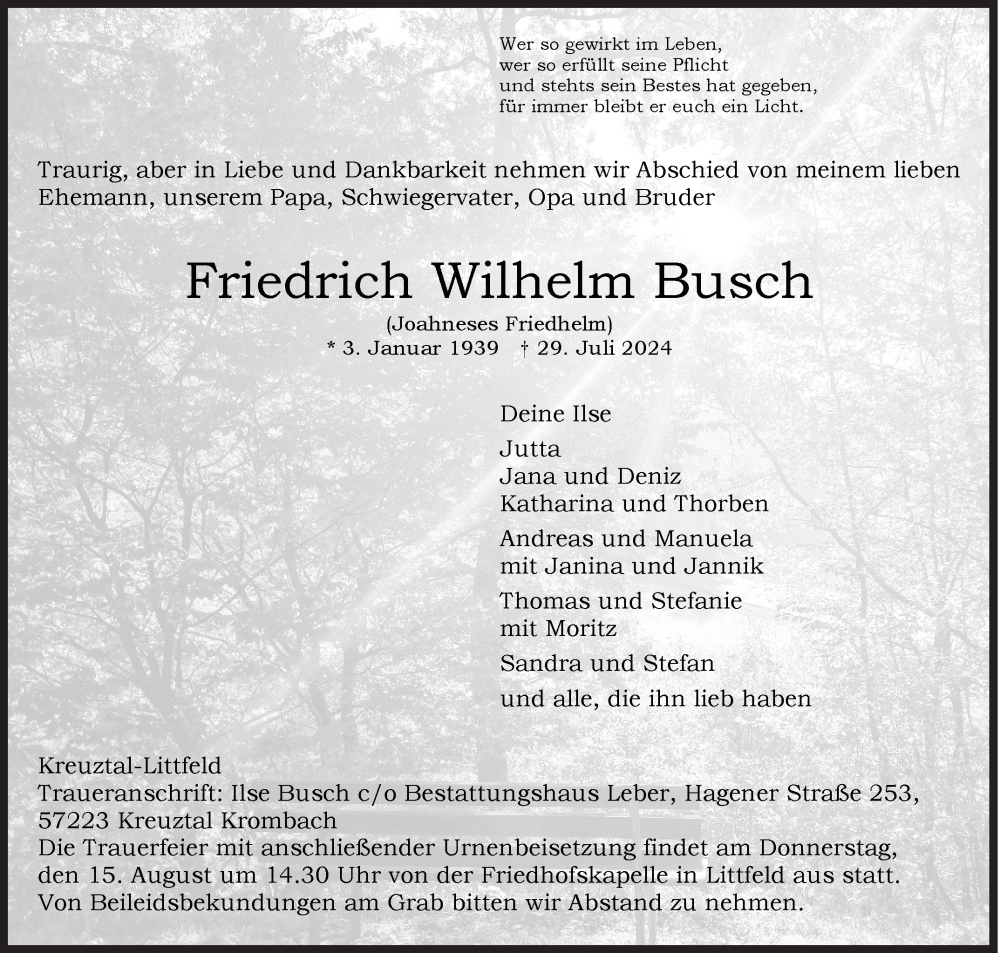  Traueranzeige für Friedrich Wilhelm Busch vom 08.08.2024 aus Siegener Zeitung
