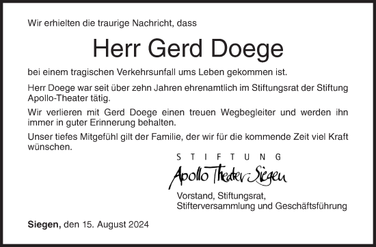 Traueranzeige von Gerd Doege von Siegener Zeitung