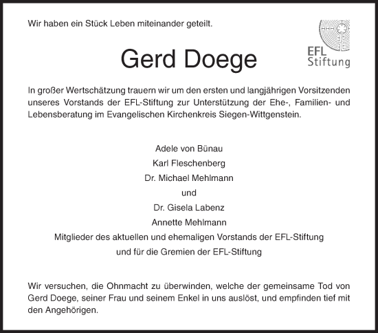 Traueranzeige von Gerd Doege von Siegener Zeitung