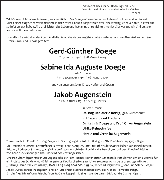 Traueranzeige von Gerd-Günther und Sabine Ida Auguste und Jakob Doege und Augenstein von Siegener Zeitung