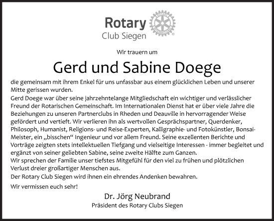 Traueranzeige von Gerd und Sabine Doege von Siegener Zeitung