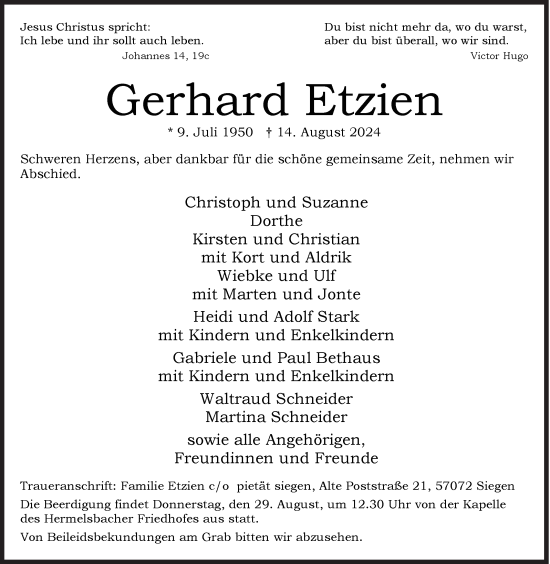 Traueranzeige von Gerhard Etzien von Siegener Zeitung