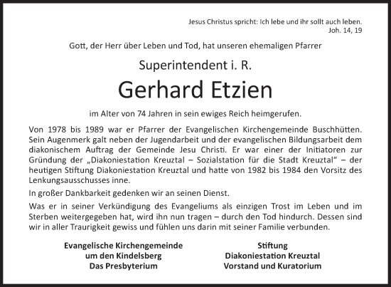 Traueranzeige von Gerhard Etzien von Siegener Zeitung